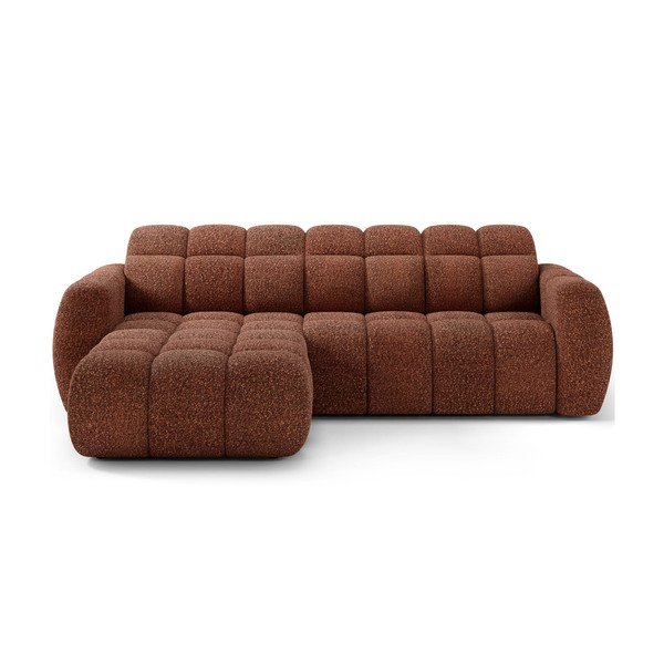Raudonos spalvos kampinė sofa iš boucle (su kairiuoju kampu/su gultu) Fanito – ELTAP