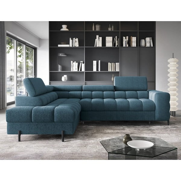 Mėlynos spalvos iš boucle sulankstoma/su sandėliavimo vieta kampinė sofa (su kairiuoju kampu/„L“ formos) Ferucce – ELTAP-image-1