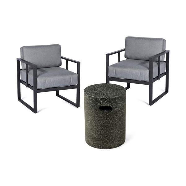 Grafito pilkos spalvos sodo kėdžių komplektas Bellisima ir juodas stalas Loris, ø 35 cm