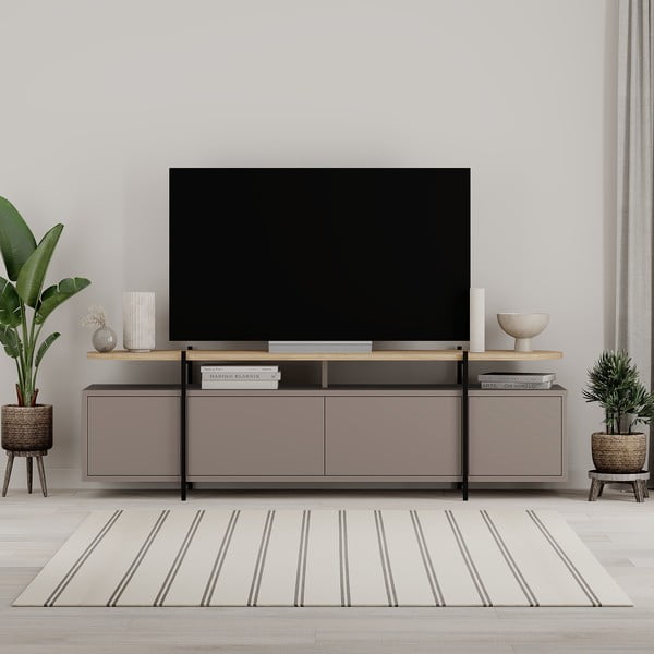 TV spintelė pilkos spalvos/smėlio spalvos iš ąžuolo 160x48 cm Hinoa – Marckeric-image-4
