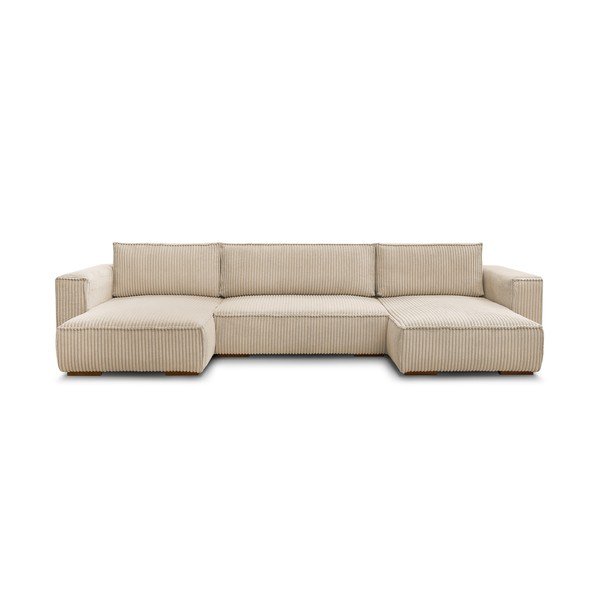 Šviesiai rudos spalvos iš kordinio velveto sulankstoma/su sandėliavimo vieta kampinė sofa („U“ formos) Chelsea – Bobochic Paris