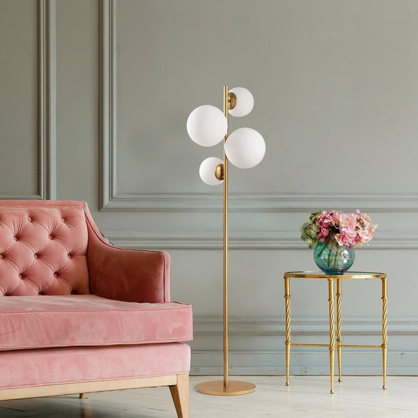 Baltos spalvos/žalvario spalvos pastatomas šviestuvas (aukštis 162 cm) su stiklo gaubtu Fazli – Opviq lights-image-3