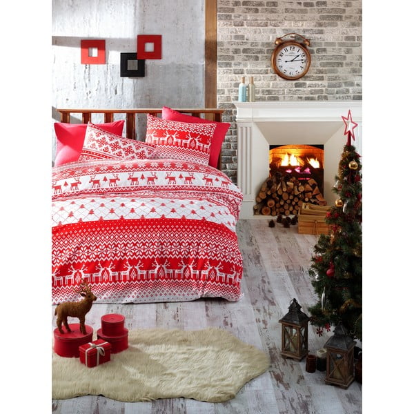 Viengulės lovos patalynė su paklode iš ranforce medvilnės Nazenin Home Winter Red, 140 x 200 cm