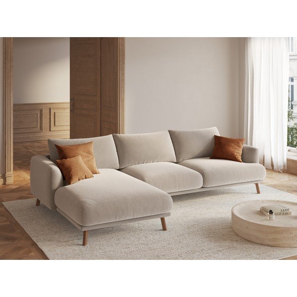 Smėlio spalvos kampinė sofa iš velveto (su kairiuoju kampu/su gultu) Naomi – Micadoni -image-1