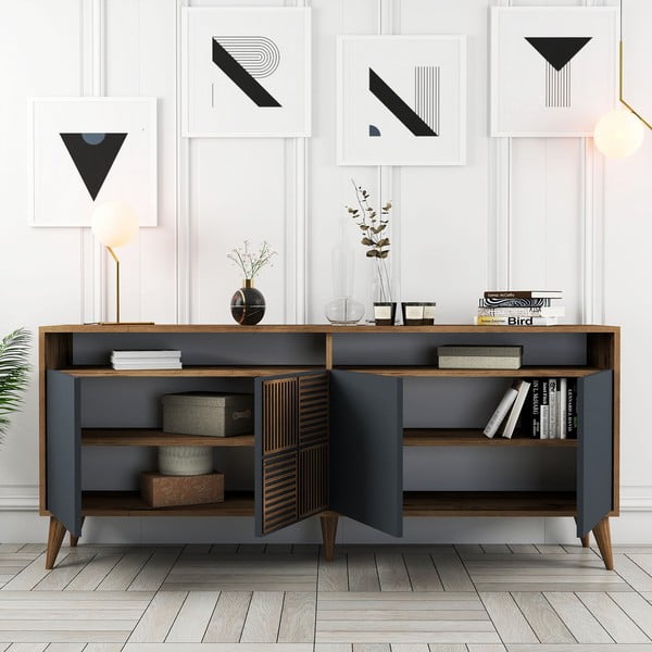 Žema šoninė spintelė antracito spalvos/natūralios spalvos iš riešutmedžio 180x79 cm Milan – Kalune Design-image-4