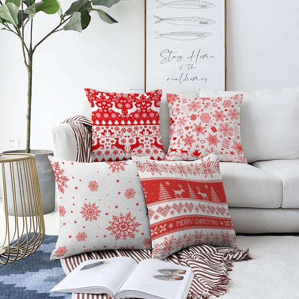 4 kalėdinių šenilinių pagalvėlių užvalkalų rinkinys Minimalist Cushion Covers Red Snowflakes, 55 x 55 cm