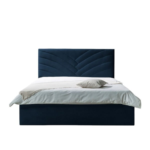 Tamsiai mėlyna minkšta dvigulė lova su daiktadėže ir grotelėmis 160x200 cm Palmyre - Bobochic Paris