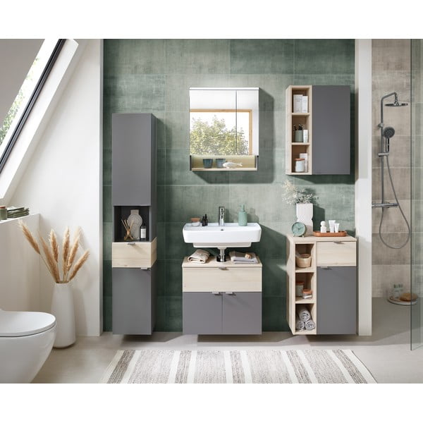 Pilkos spalvos/natūralios spalvos pakabinama vonios daiktadėžė iš pušies 70x45 cm Quickset 394 – Pelipal-image-1