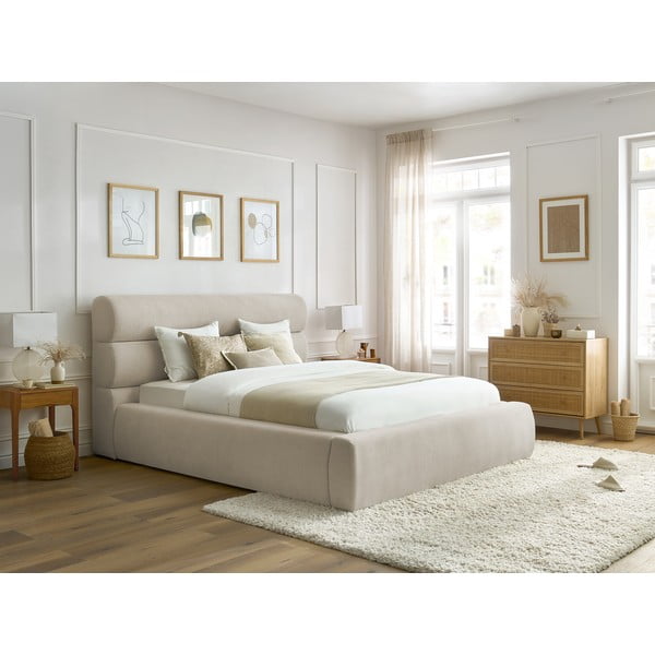 Dvigulė lova smėlio spalvos audiniu dengta su sandėliavimo vieta su lovos grotelėmis 180x200 cm Jagna – Bobochic Paris-image-1