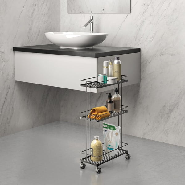 Matinės juodos spalvos iš plieno lentyna ant ratukų 38x62x16 cm Lava – Metaltex-image-2