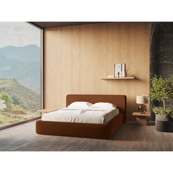 Terakotos spalvos dvigulė lova audiniu dengta su sandėliavimo vieta su lovos grotelėmis 160x200 cm Kiana – Makamii-image-1