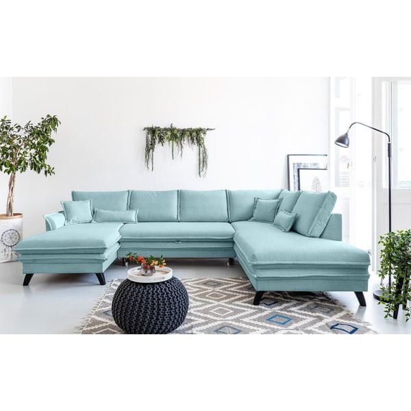 Šviesiai mėlyna U formos sofa-lova Miuform Charming Charlie, dešinysis kampas-image-1