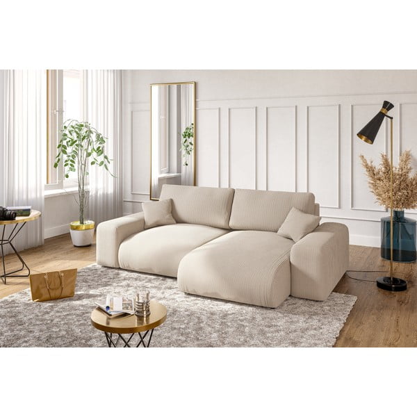 Iš kordinio velveto kampinė sofa smėlio spalvos (kintama) Justin – Ropez-image-1