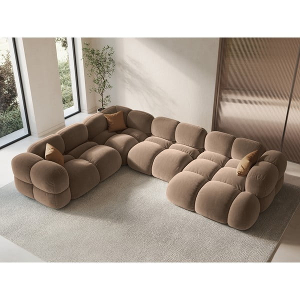 Rudos spalvos iš velveto kampinė sofa (su kairiuoju kampu/„U“ formos) Loretto – Cosmopolitan Design-image-1
