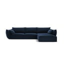 Tamsiai mėlynos spalvos iš velveto kampinė sofa (su dešiniuoju kampu/su gultu) Vanda – Mazzini Sofas