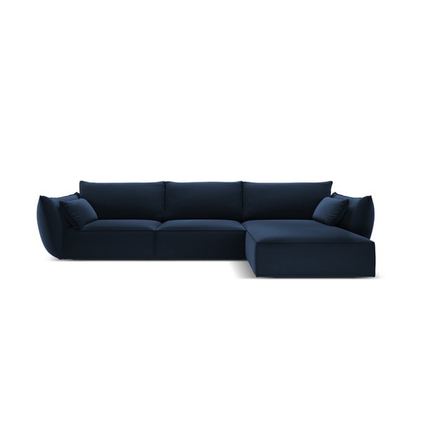 Tamsiai mėlynos spalvos iš velveto kampinė sofa (su dešiniuoju kampu/su gultu) Vanda – Mazzini Sofas