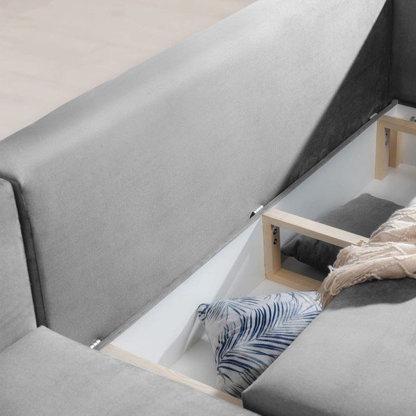 Šviesiai pilkos spalvos iš velveto sulankstoma/su sandėliavimo vieta kampinė sofa (su kairiuoju kampu/su gultu) Dalia – ELTAP-image-1