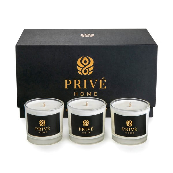 3 baltų kvapniųjų žvakių rinkinys Privé Home Delice d'Orient/Safran-Ambre Noir/Black Wood