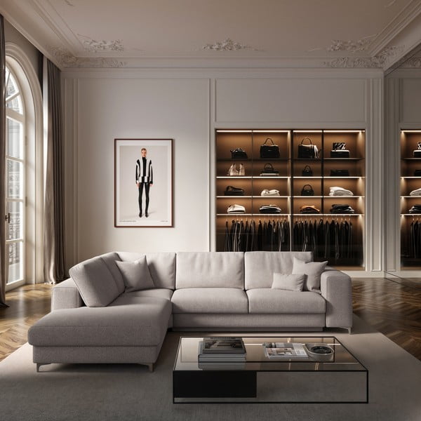 Šviesiai pilkos spalvos iš boucle sulankstoma/su sandėliavimo vieta kampinė sofa (su kairiuoju kampu/„L“ formos) Rene – Rodier-image-1