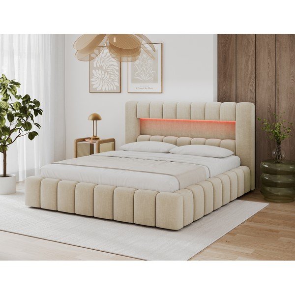 Smėlio spalvos dvigulė lova dengta audiniu su sandėliavimo vieta su lovos grotelėmis 140x200 cm Lamica – ELTAP-image-3