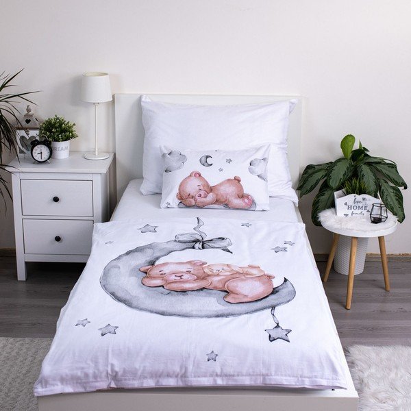 Baltos spalvos iš medvilnės vaikiška patalynė vaikiškai lovai 100x135 cm Teddy Bear "Ribbon" – Jerry Fabrics-image-1