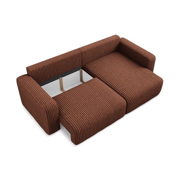 Terakotos spalvos sulankstoma/su sandėliavimo vieta kampinė sofa iš kordinio velveto (su dešiniuoju kampu/su gultu) Kona – Makamii-image-4