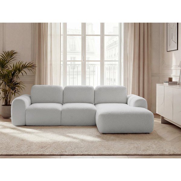 Šviesiai pilkos spalvos sulankstoma/su sandėliavimo vieta kampinė sofa iš boucle (su dešiniuoju kampu/su gultu) Montaigne – Bobochic Paris-image-1