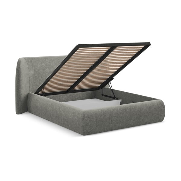 Pilkos spalvos dvigulė lova audiniu dengta su sandėliavimo vieta su lovos grotelėmis 180x200 cm Hauke – Makamii-image-3