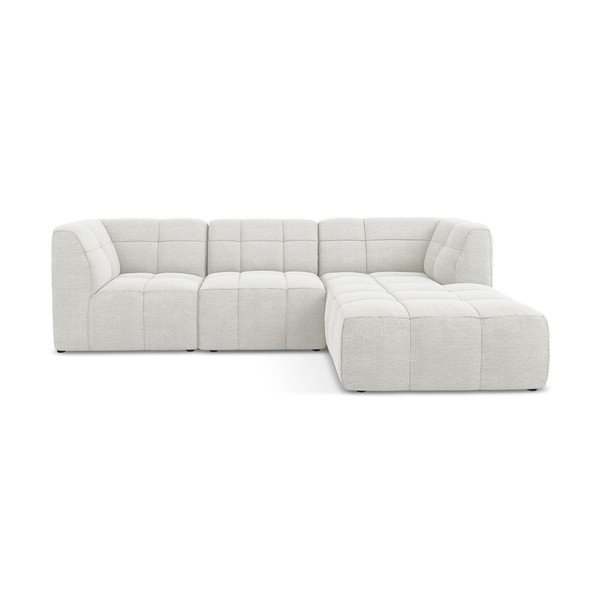 Baltos spalvos kampinė sofa iš boucle (su dešiniuoju kampu/su gultu) Aloha – Makamii