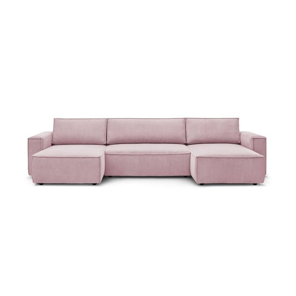 Sulankstoma kampinė sofa šviesiai rožinės spalvos iš kordinio velveto („U“ formos) Nihad – Bobochic Paris