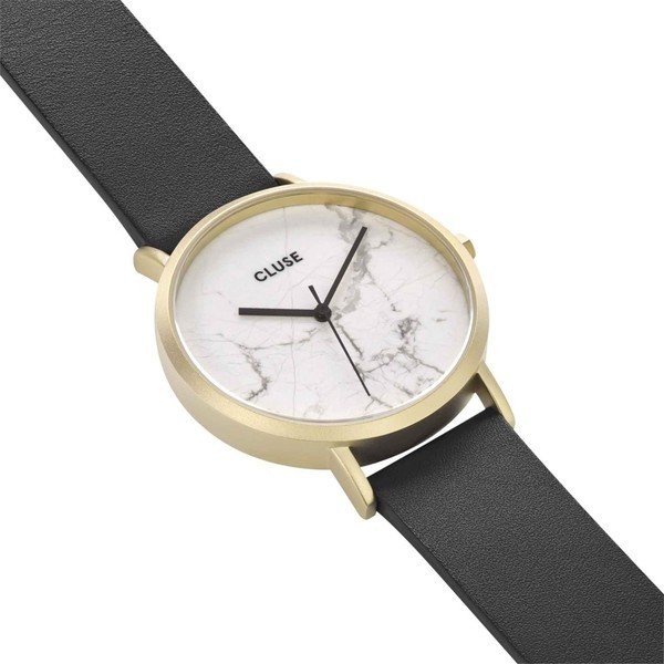 Moteriškas laikrodis su juodu odiniu dirželiu ir baltu marmuriniu ciferblatu Cluse La Roche Star-image-1