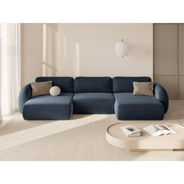 Tamsiai mėlynos spalvos iš šenilinio audinio sulankstoma/su sandėliavimo vieta kampinė sofa („U“ formos) Tonale – Cosmopolitan Design-image-1
