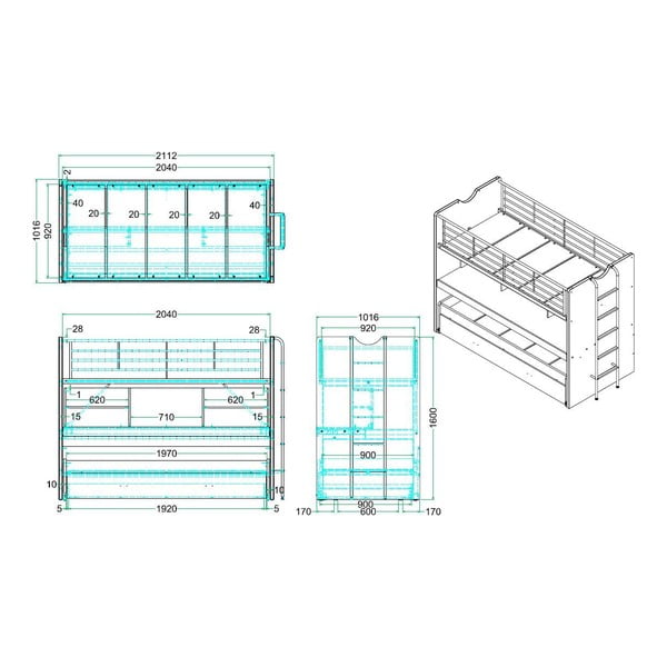 Baltos spalvos dviauktė/ištraukiama vaikiška lova su sandėliavimo vieta su lovos grotelėmis 90x200 cm Bonny – Vipack-image-2