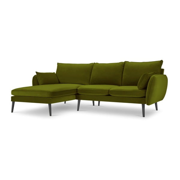 Žalia aksominė kampinė sofa su juodomis kojomis Kooko Home Lento, kampas kairėje-image-2