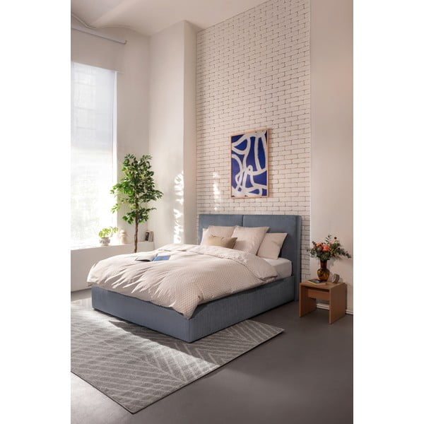 Mėlynos spalvos dvigulė lova audiniu dengta su sandėliavimo vieta su grotelėmis 160x200 cm Thessa Bold – Bonami Selection-image-1