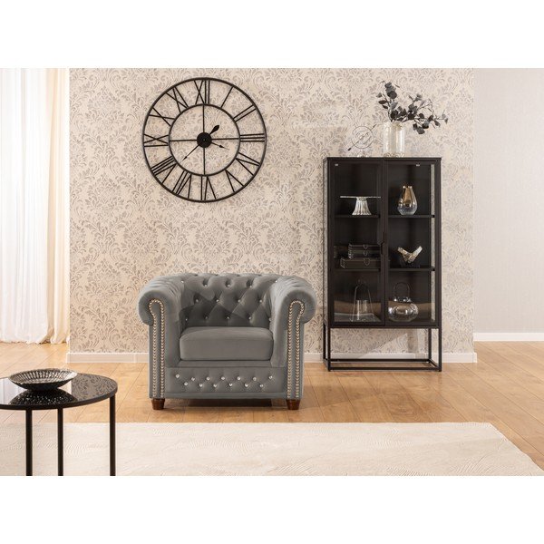 Pilkos spalvos Chesterfield krėslas iš velveto York Blik – Ropez-image-4