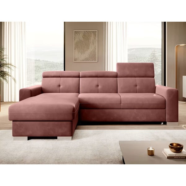 Rožinės spalvos iš velveto sulankstoma/su sandėliavimo vieta kampinė sofa (su kairiuoju kampu/su gultu) Fresia – ELTAP-image-1