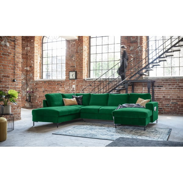 Žalia aksominė U formos sofa-lova Miuform Lofty Lilly, kairysis kampas-image-3