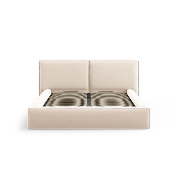 Iš aksomo dvigulė lova kreminės spalvos audiniu dengta su sandėliavimo vieta su lovos grotelėmis 200x200 cm Arendal – Cosmopolitan Design-image-3