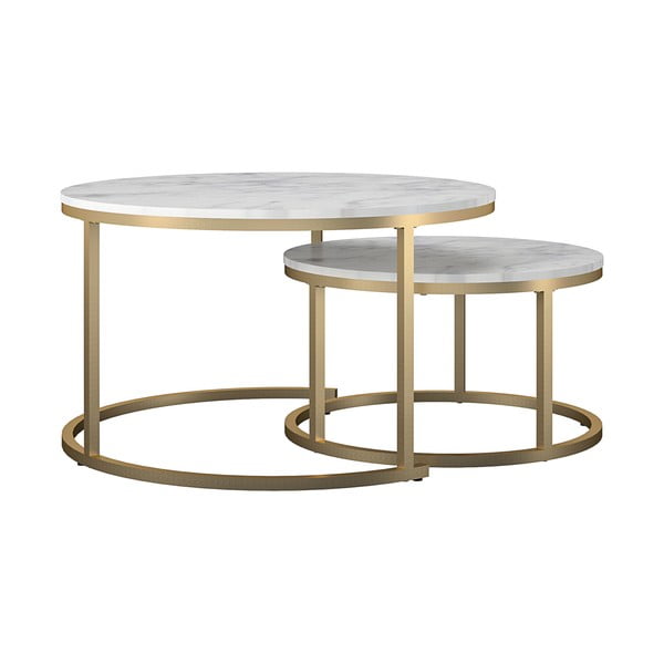 Baltos spalvos/auksinės spalvos apvalios formos kavos staliukai 2 vnt. su marmuro dekoru ø 79 cm Amelia – CosmoLiving by Cosmopolitan-image-1