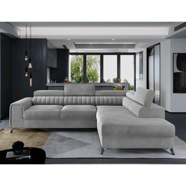Pilkos spalvos iš velveto sulankstoma/su sandėliavimo vieta kampinė sofa (su dešiniuoju kampu/„L“ formos) Laurence – ELTAP-image-1