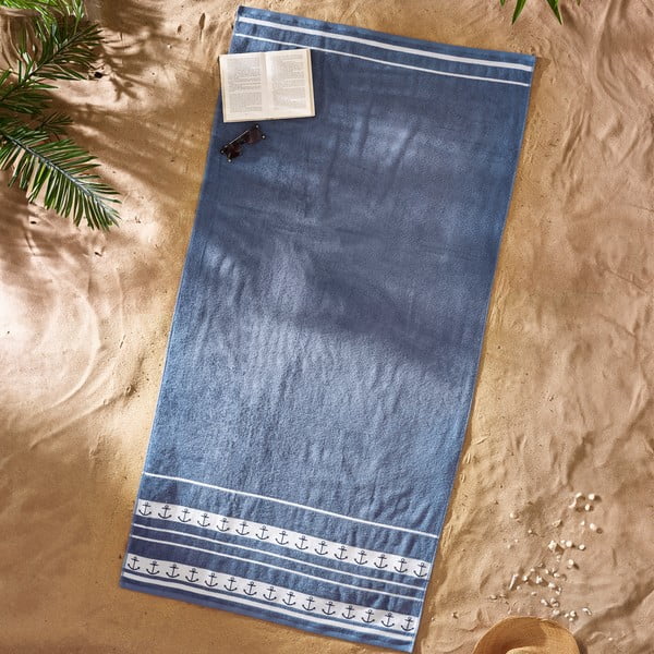 Mėlynos spalvos iš medvilnės paplūdimio rankšluostis 90x180 cm Anchors – Catherine Lansfield-image-1