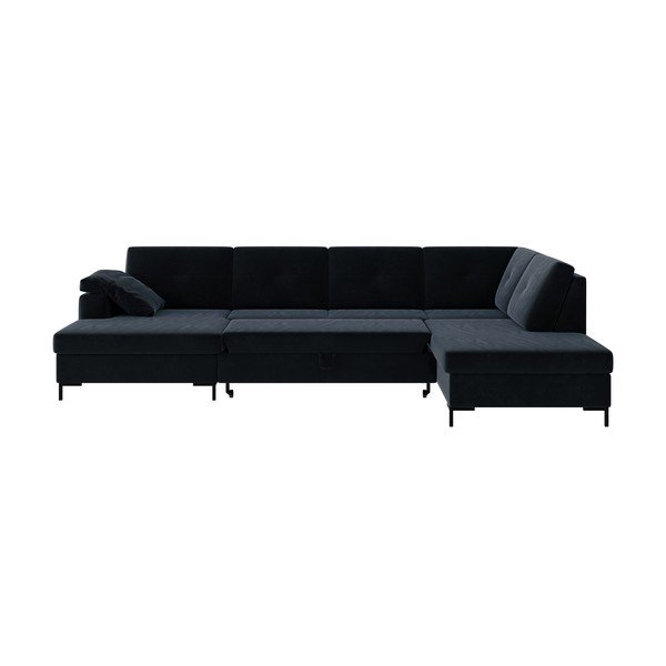 Tamsiai mėlyna aksominė U formos sofa-lova Ghado Moor, dešinysis kampas-image-3
