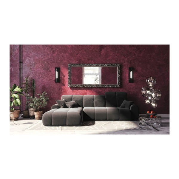Tamsiai pilka aksominė kampinė sofa-lova Devichy Tous, kairysis kampas-image-4