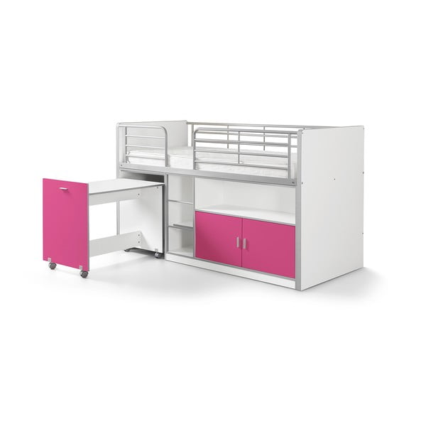Balta ir fuksijų spalvos dviaukštė lova su ištraukiamu staliuku ir daiktadėže "Vipack Bonny", 200 x 90 cm