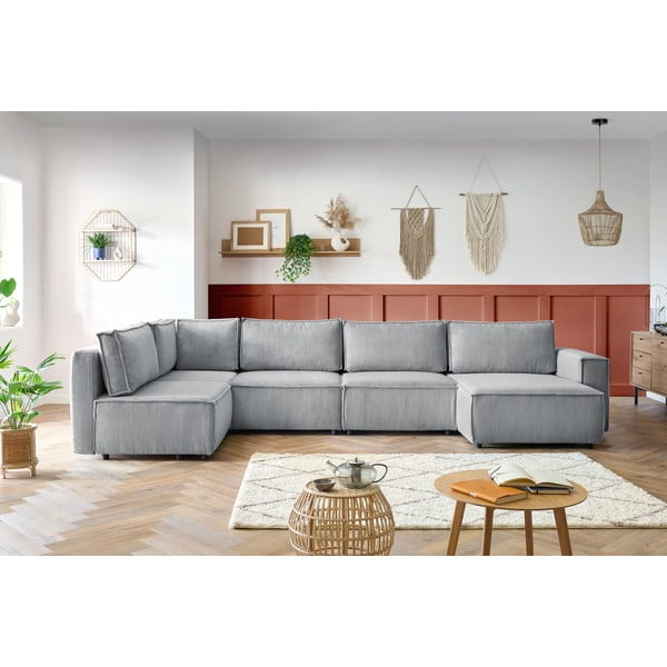 Kampinė sofa šviesiai pilkos spalvos iš kordinio velveto (su kairiuoju kampu/„U“ formos) Nihad modular – Bobochic Paris-image-1