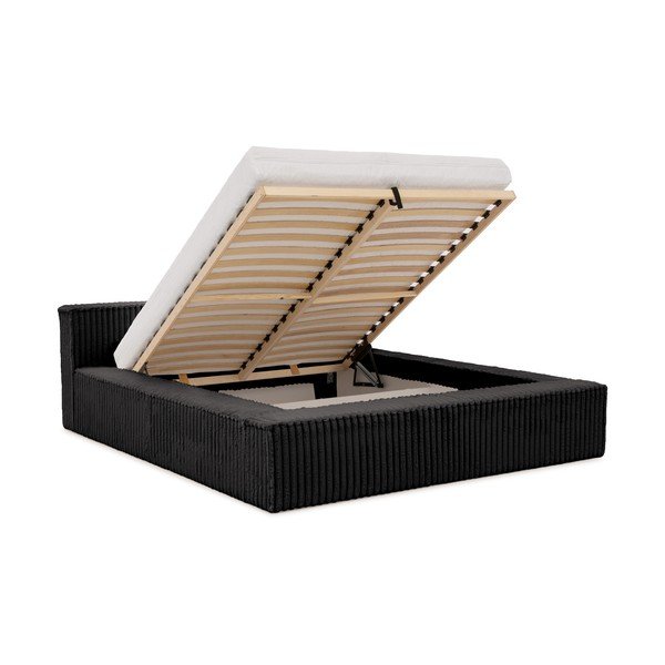 Juodos spalvos dvigulė lova dengta audiniu su sandėliavimo vieta su lovos grotelėmis 140x200 cm Cloe – Ropez-image-2