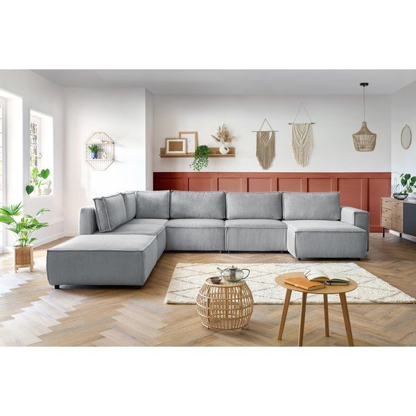 Kampinė sofa šviesiai pilkos spalvos iš kordinio velveto (su kairiuoju kampu/„U“ formos) Nihad modular – Bobochic Paris-image-1