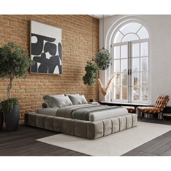 Dvigulė lova smėlio spalvos audiniu dengta su sandėliavimo vieta su lovos grotelėmis 160x200 cm Aruba L – Maison de Rêve-image-1