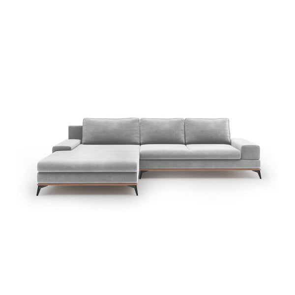 "Windsor & Co Sofos Astre" šviesiai pilkos spalvos aksomu apmušta kampinė sofa-lova, kairysis kampas
